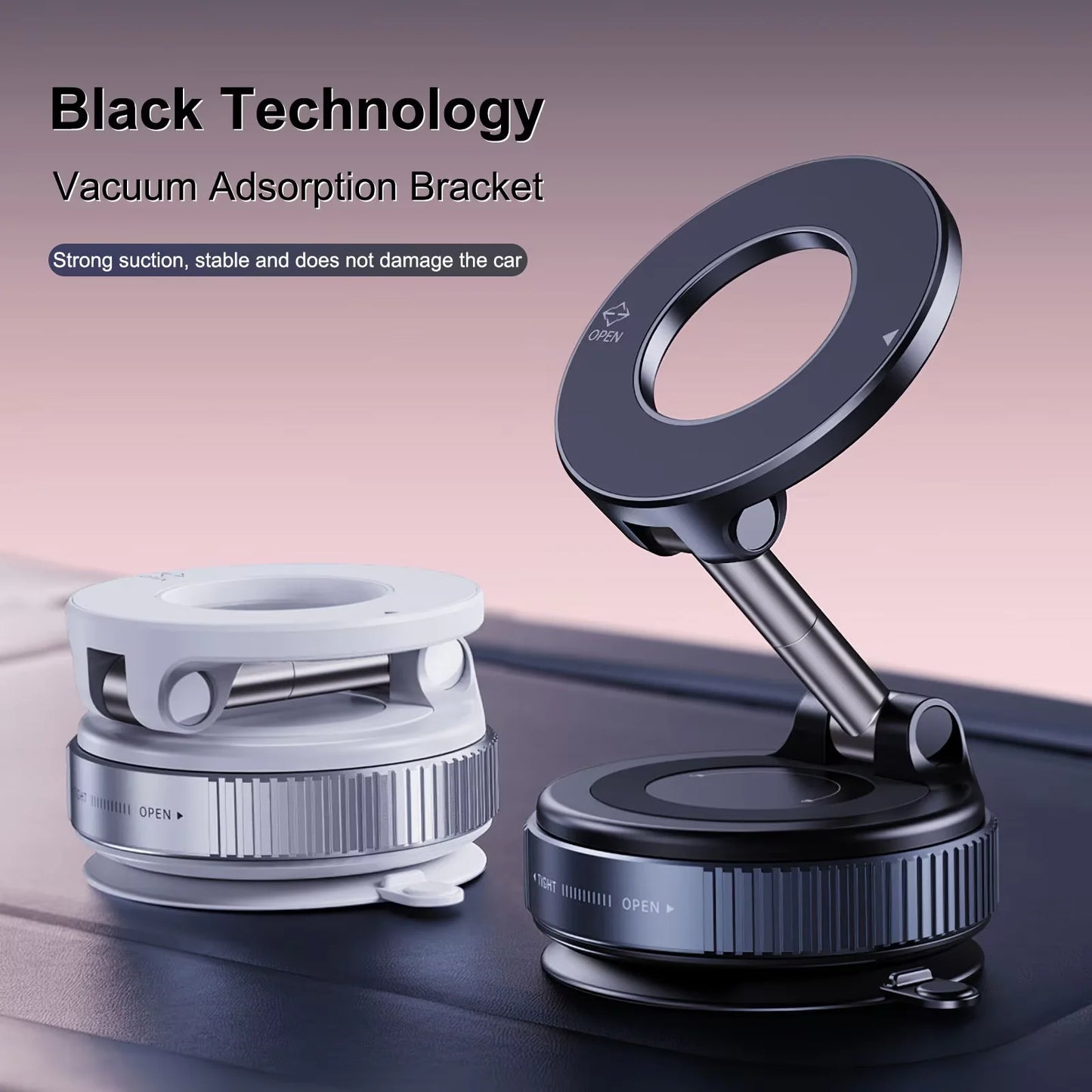 New car phone holder with magnetic suction, folding vacuum suction, rotating folding mechanism, and large silicone suction cup.