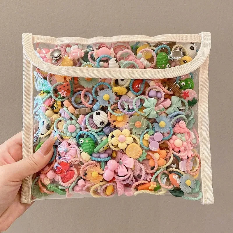 30pcs Girls High Elastic Hair Bands Non-Hurting Cartoon Animal Flower Fruit Decorative Hair Bands for Kids