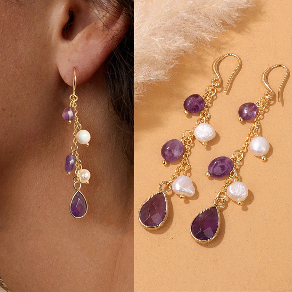 Natural Stone Long Earring Water Drop Pendent Amethysts Agates Lapis Lazuli Pearl Dangle Earrings for Women Girl Fashion Jewelry