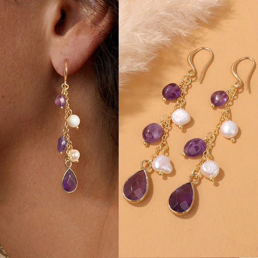 Natural Stone Long Earring Water Drop Pendent Amethysts Agates Lapis Lazuli Pearl Dangle Earrings for Women Girl Fashion Jewelry