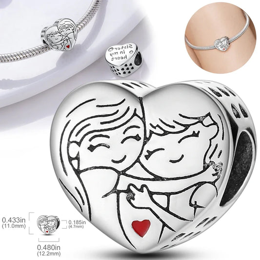S925 Silver Forever Love Mother Family Sister Heart Charms Beads Fit Original Bracelet Charm Diy Family Gift for Women