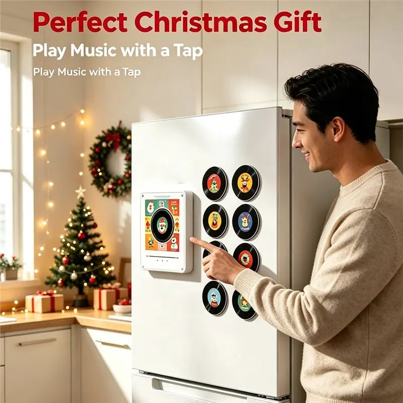 ABRW-Built-In LED Xmas Christmas Fridge Magnet Magnetic Music Touch To Play Vinyl Record Player Night Light