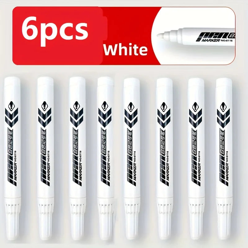 6pcs White Marker Set - High-Quality Smudge-Proof Oil-Based Ink, Medium Tip for Plastic, Glass & Metal Surfaces,Permanent Marker
