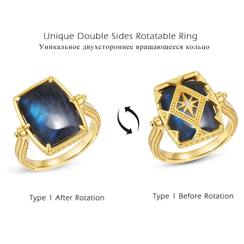 ALLNOEL 925 Sterling Silver Natural Labradorite Rings Yellow Gold Plated for Women Double Side Reversible Gemstone Jewelry Gift