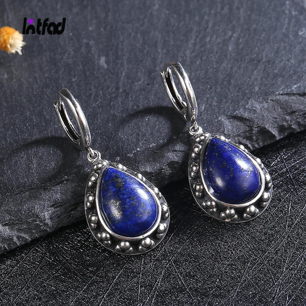 Vintage Natural Lapis Lazuli Jewelry S925 Sterling Silver Earrings for Women Moonstone Gemstone Engagement Anniversary Gift