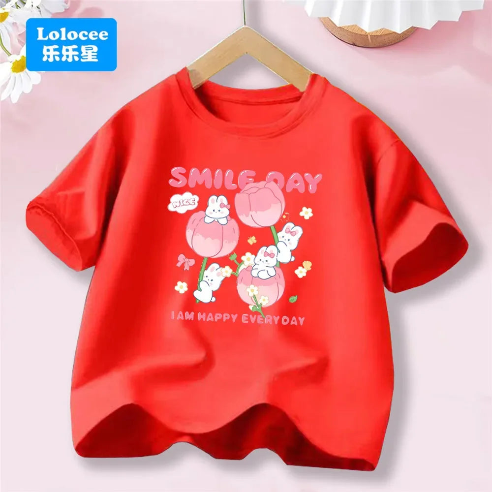 3-14T Kid Clothes Summer Cotton T Shirt Short Sleeve Top Beauty Tulip Flower and Rabbit Print Tee Childrens Candy Color Tshirt
