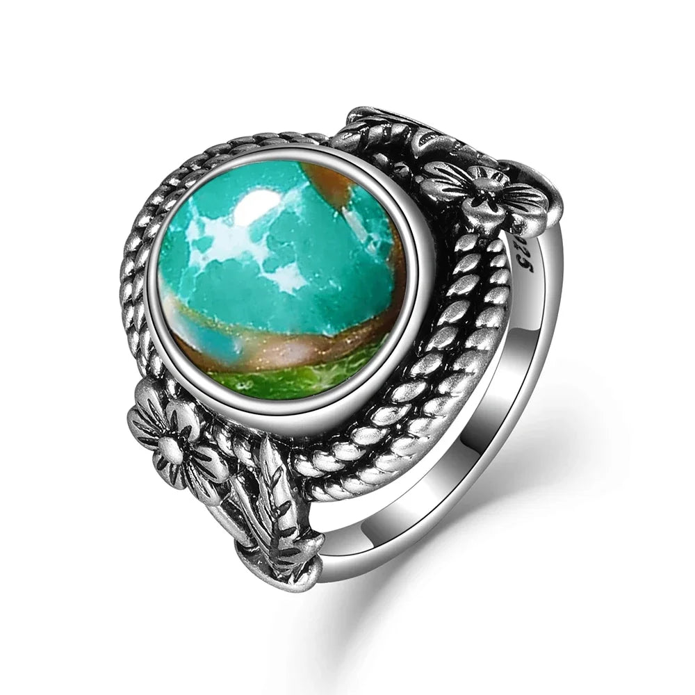 Vintage S925 Sterling Silver Ring with Oval Natural Emperor's Stone Flower Shape Hollow out Ring Fine Jewelry for Women