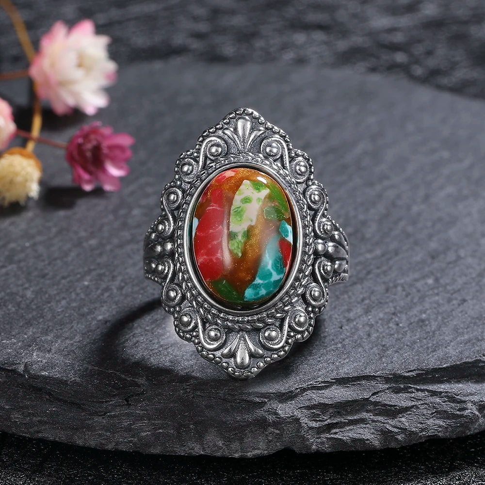 Oval Natural Labradorite Rings for Women Men S925 Silver Ring Finger Ring Retro Gemstone Rings Jewelry Party Gift