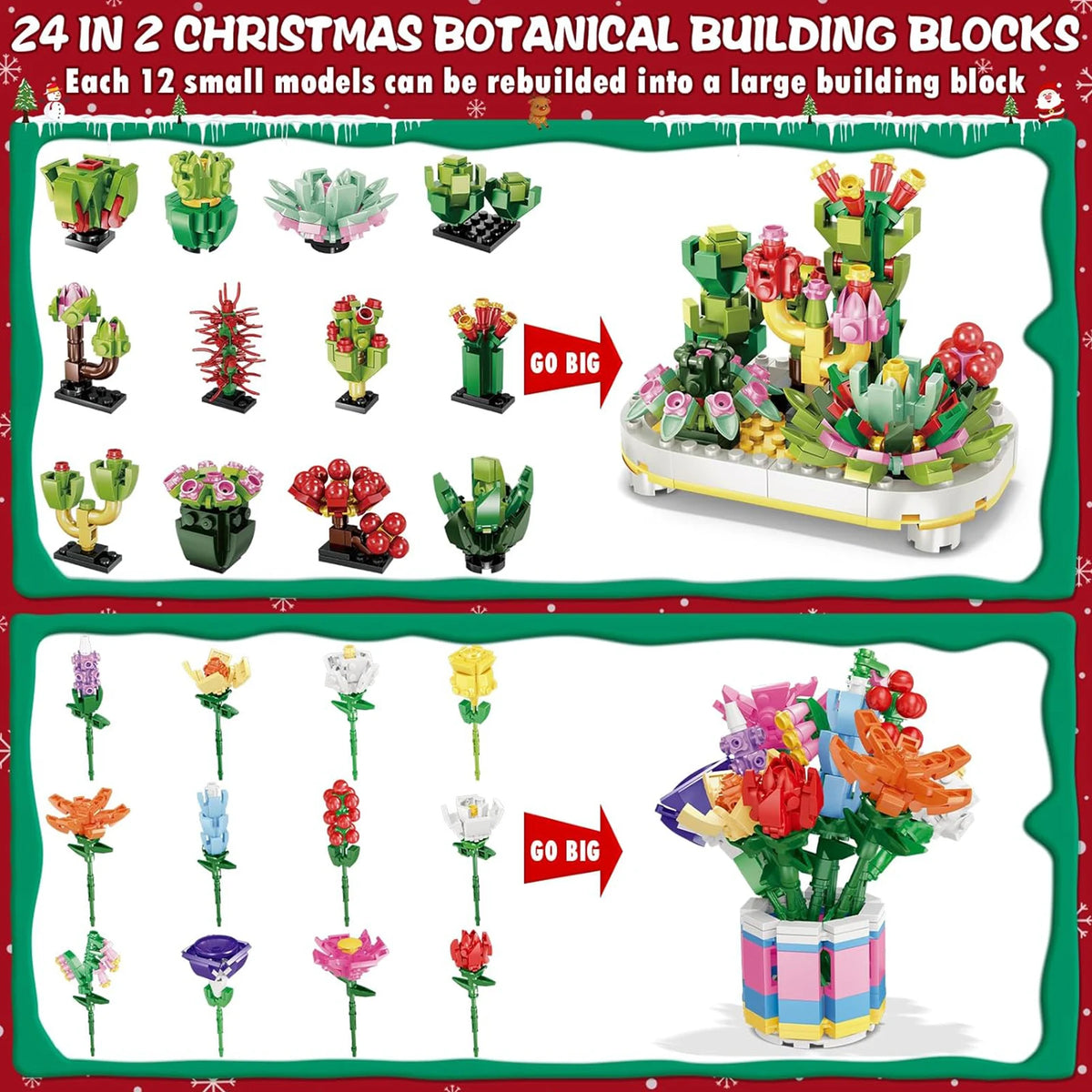 Christmas Advent Calendar Flower Christmas Building Blocks Holiday Countdown Calendar Gifts for Adult Christmas Decoration