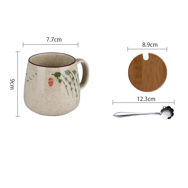 YWDL 350ml Japanese Ceramic Coffee Mug With Lid And Spoon Milk Breakfast Cups Home Heat-resistant Teacup Tumbler Water Mug Gift