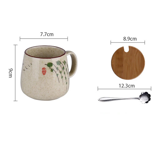 YWDL 350ml Japanese Ceramic Coffee Mug With Lid And Spoon Milk Breakfast Cups Home Heat-resistant Teacup Tumbler Water Mug Gift