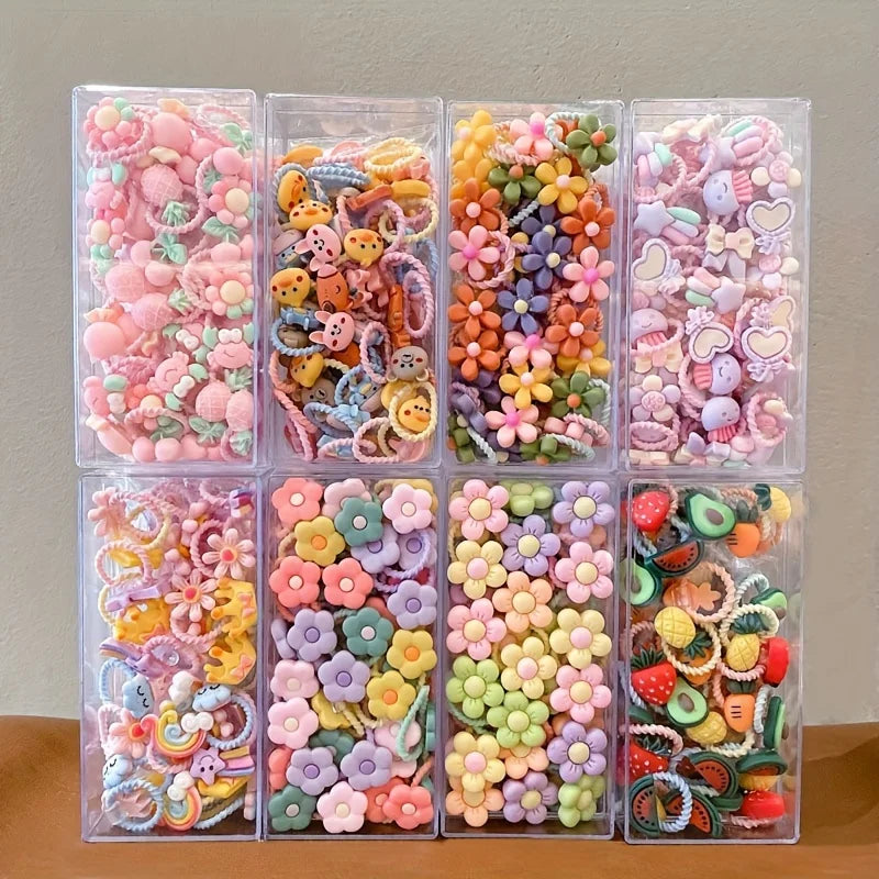30pcs girls high elastic hair band does not hurt hair, cartoon animal flowers and fruit decorative hair band, decorative hair se