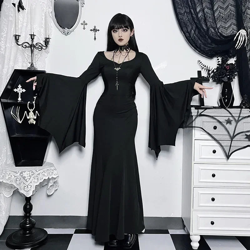 Halloween Costume Women Batwing Sleeve Floor Dress Black Gothic Evil Terror Maxi Mistress Morticia Addam Family Outfit For Adult