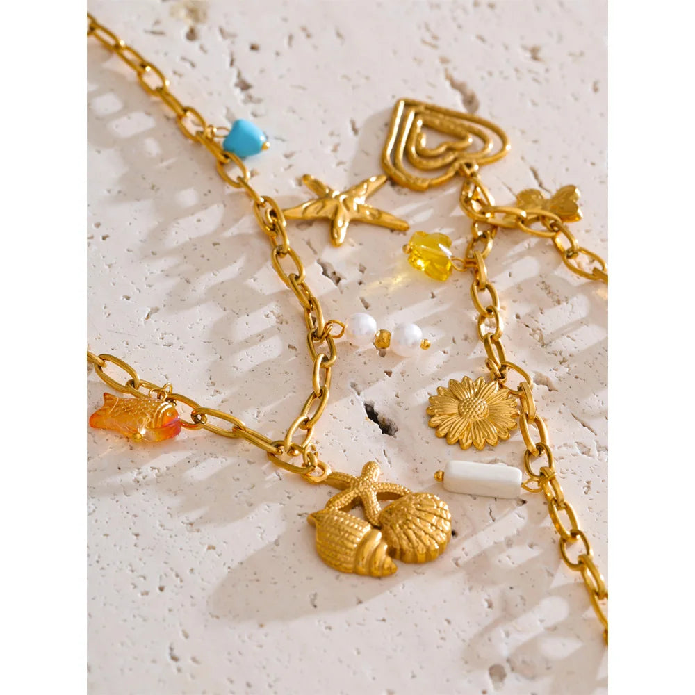 Yhpup Ocean Style Stainless Steel Pearl Shell Starfish Flower Chilli Drop Charm Necklace Golden Plated Handmade Holiday Jewelry