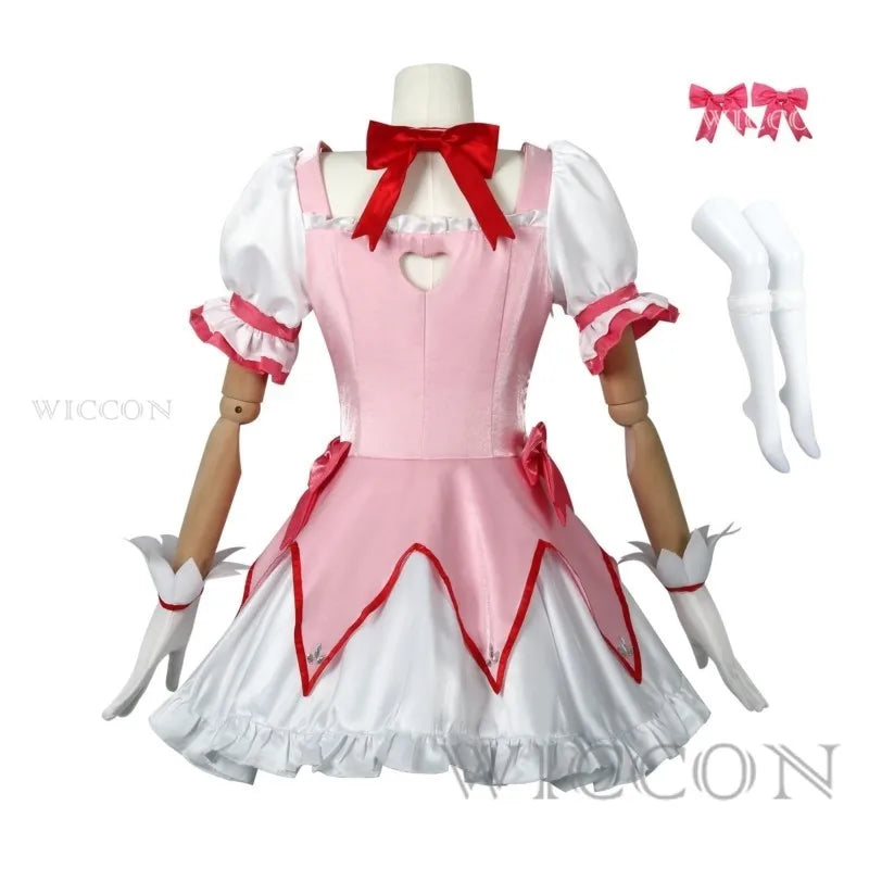 Puella Magi Madoka Magica Cosplay Costume Wig Petticoat Shoes Kaname Madoka Pink Short Ball Dress Halloween Party Uniform Outfit
