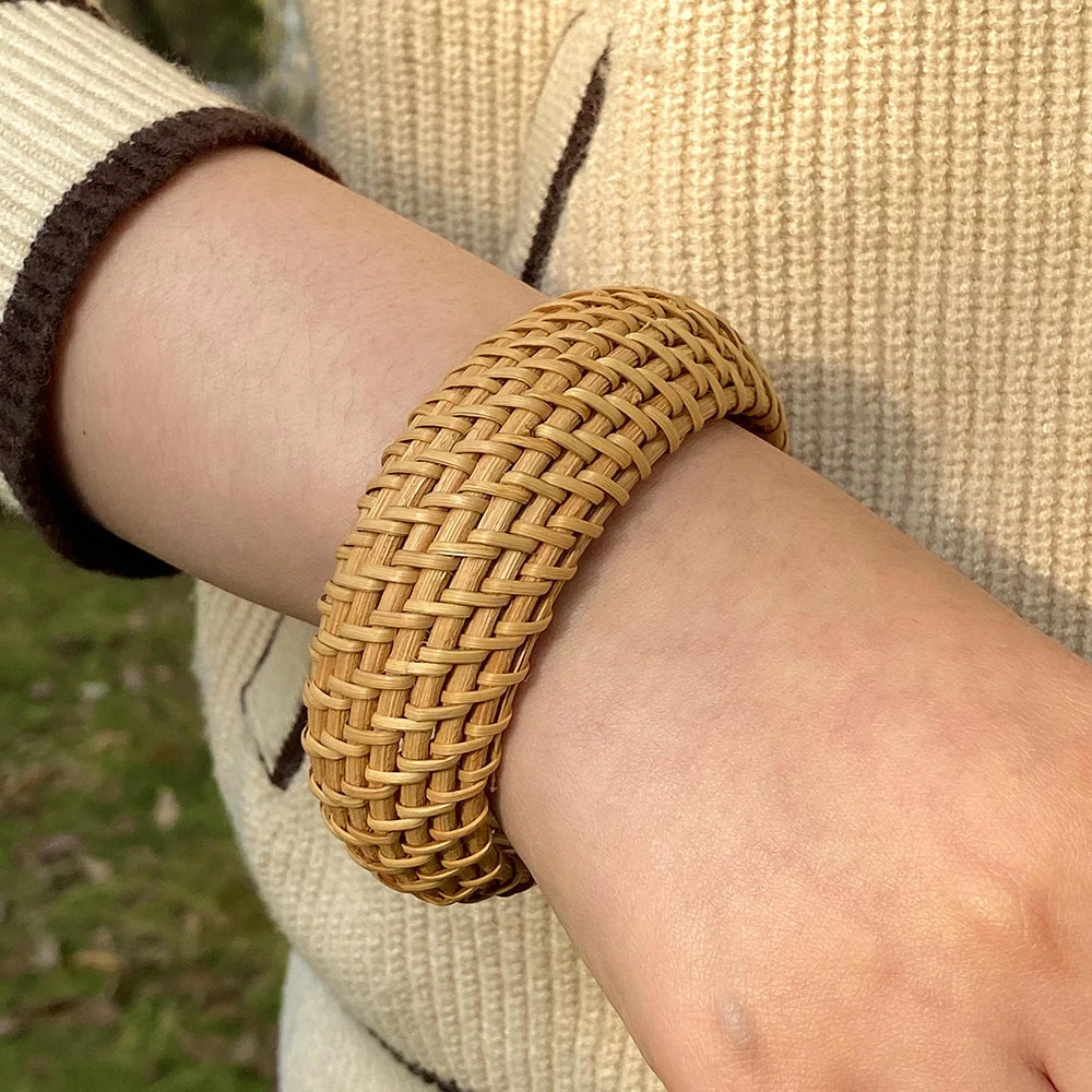 Amorcome Bohemian Wicker Rattan Weave Handmade Bangles Bracelets For Women Boho Chunky Beach Style Ladies Ethnic Straw Jewelry