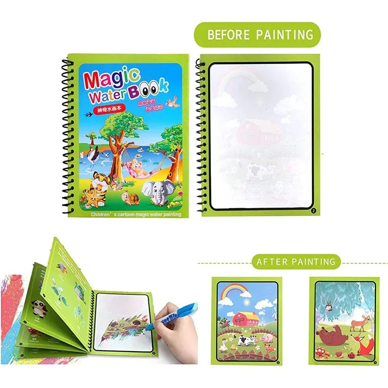 Magical Book Water Drawing Reusable Coloring Book with Pen Magic Water Graffiti Learning Painting Drawing Book for Kids Children