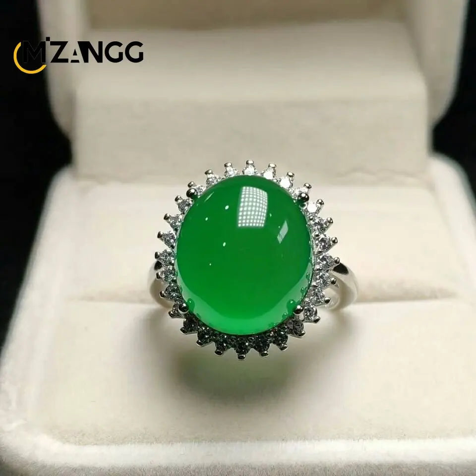 S925 Silver Inlaid Agate Ring Opening Adjustable Natural Green Chalcedony Hand-carved Ring Fashion Boutique Jewelry Women Ring