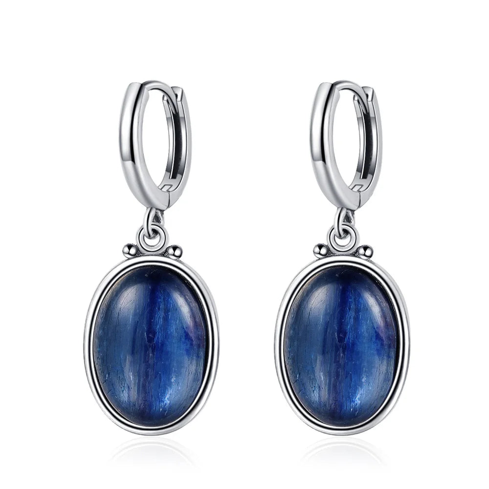 Simple Style Large Oval Natural Kyanite S925 Silver Hoop Earrings Gems Elegant Pendant Luxury Jewelry Anniversary Gift