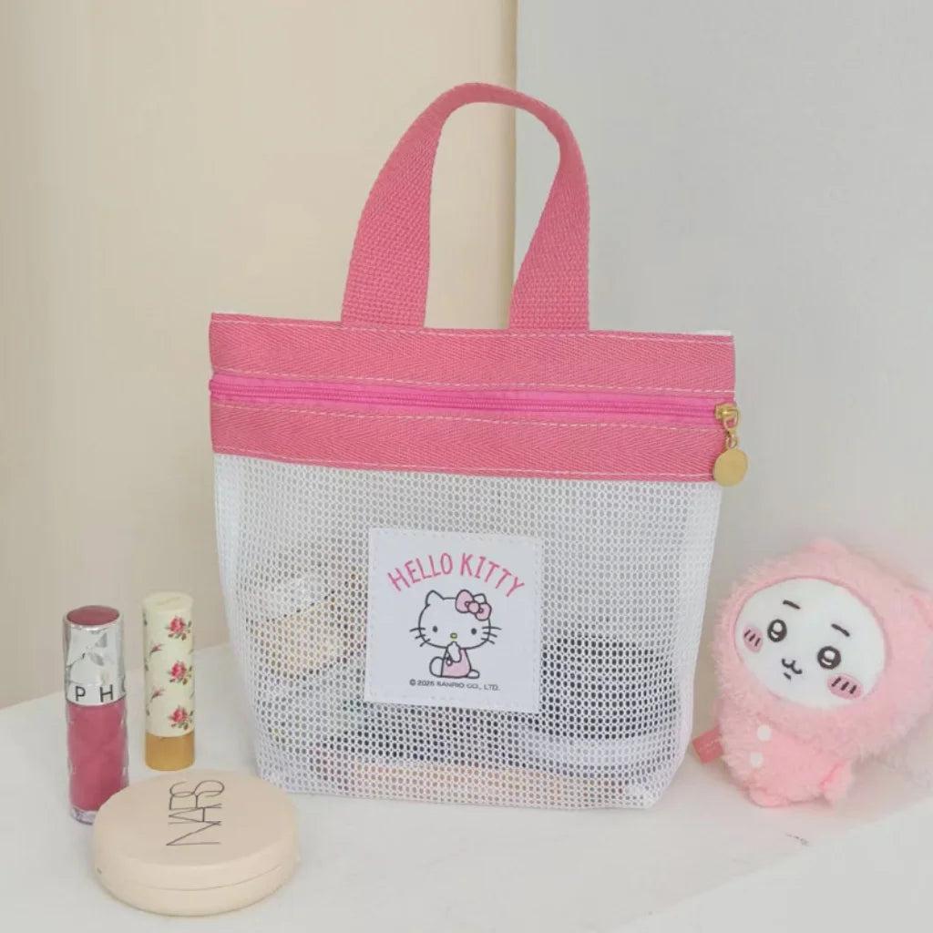Sanrio Hello Kitty Mesh Bag Portable Tote Bag with Zipper Cute Cartoon Handbag for Women Kids Daily Use