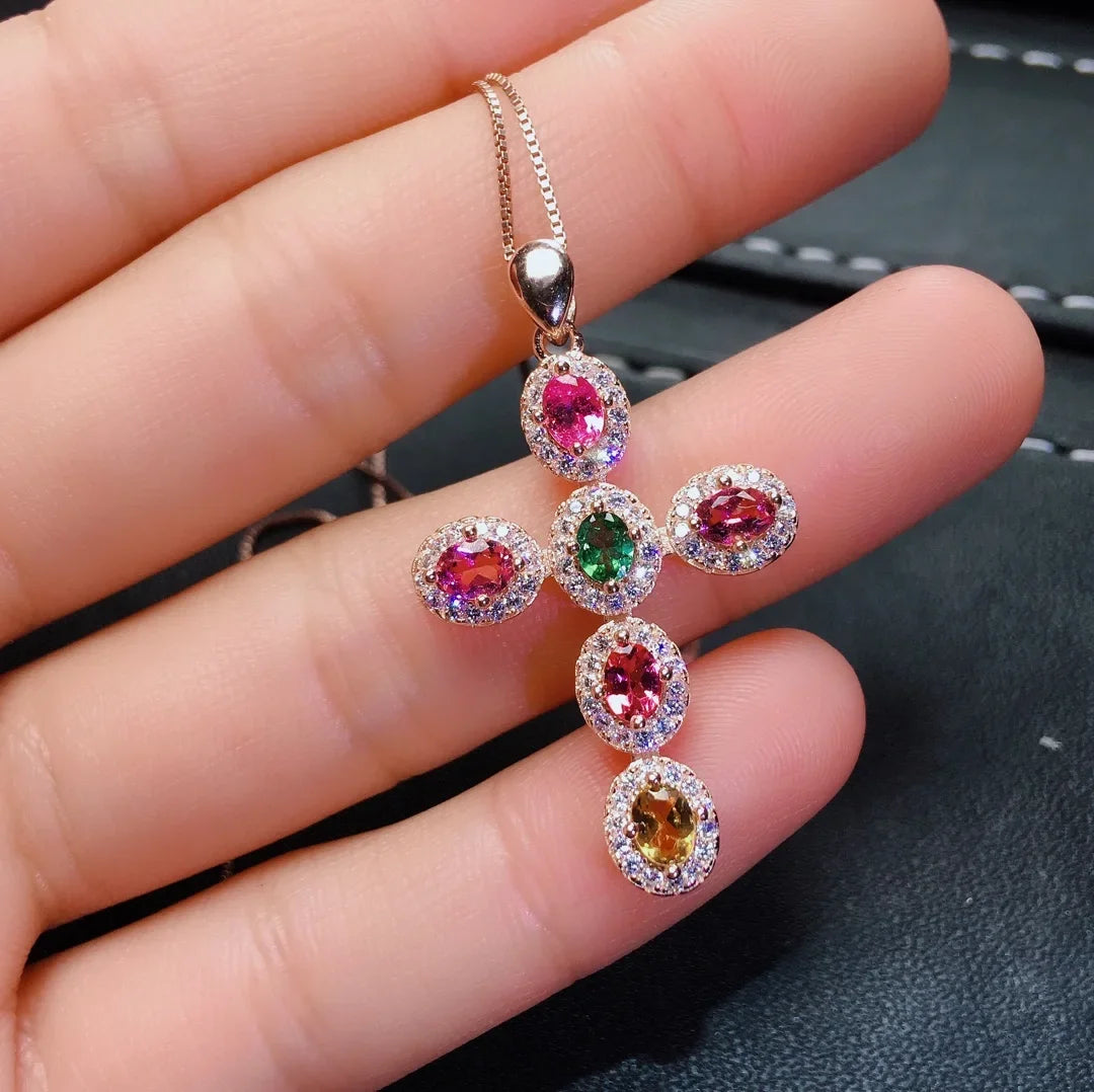 FS 3*4 Natural Ruby/Emerald/Sapphire/Citrine Cross Pendants S925 Sterling Silver Fine Fashion Charm Weddings Jewelry for Women