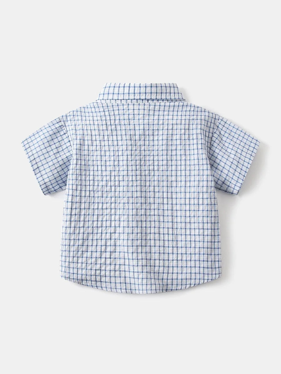 2026 Summer 2-6Y Childrens Clothes Turn-down Collar Bubble Plaid Boys Shirt with Chest Pocket Single-row Buttons