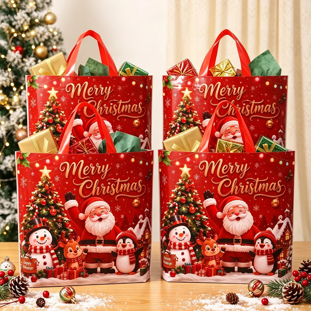 Merry Christmas Blue Gift Bag Santa Claus Snowman Design Loot Bags with Handles 2026 Xmas Party Decor Navidad Noel New Year 2027