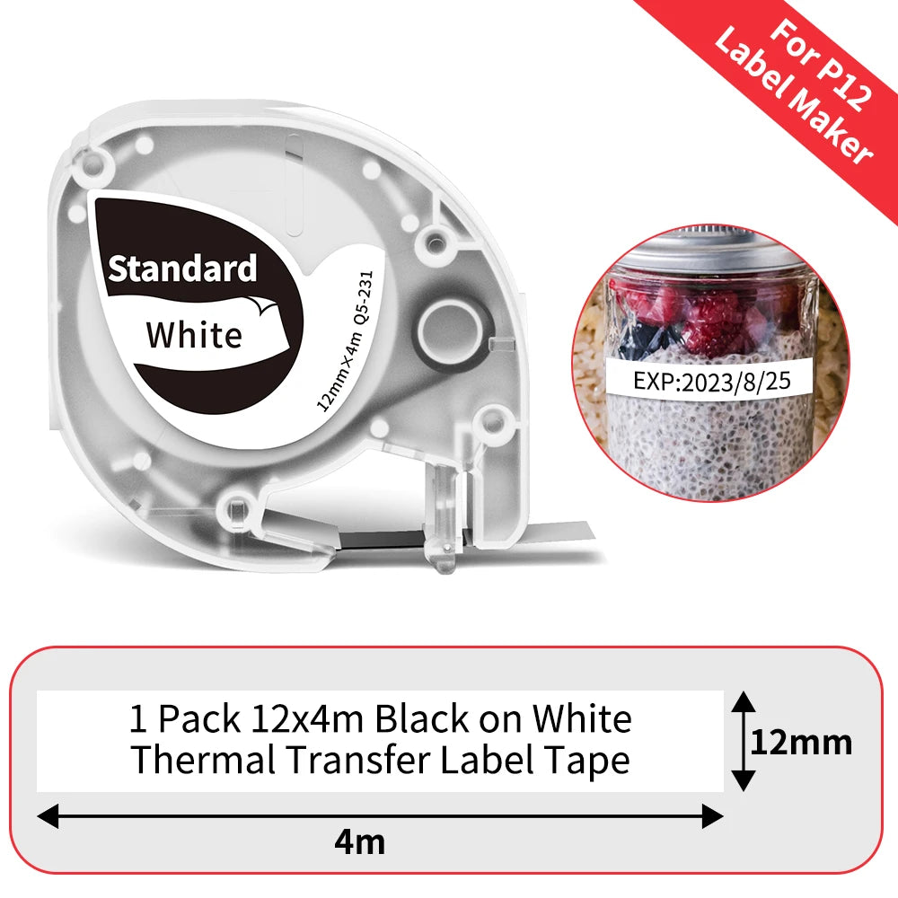 P12 Label Tape Compatible with Dymo LetraTag 200B Refills LT-100H Label Replacement for Phomemo P12 PRO Label Maker 12mm x 4m
