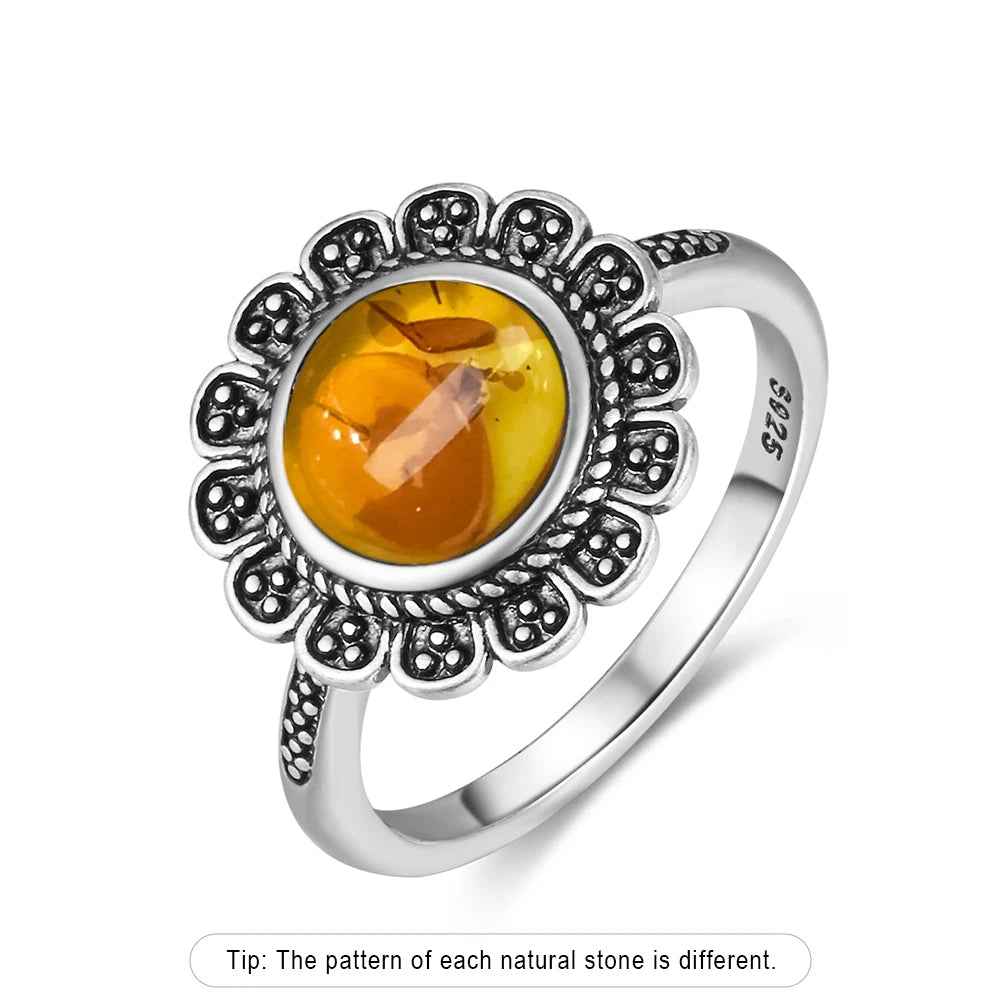 S925 Sterling Silver Ring With Natural Amber Stone Flower Shape Oval Petal Amber Stone Gifts Fine Jewelry For Women