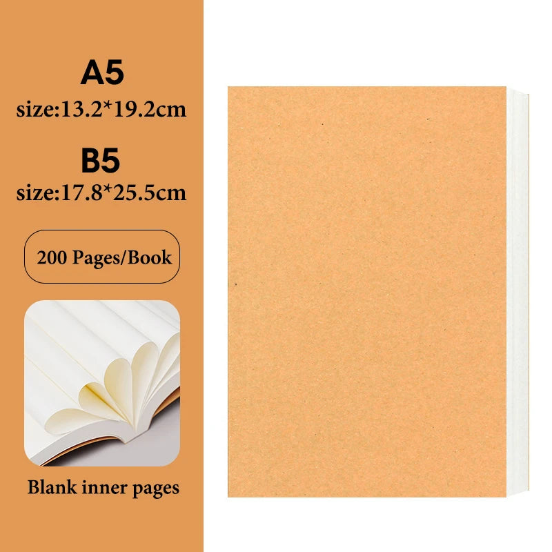 DIY Cover Kraft Paper Notebook A5/B5 Size 100/200 Sheets Blank Journal Draft Book for Students Teachers School Office