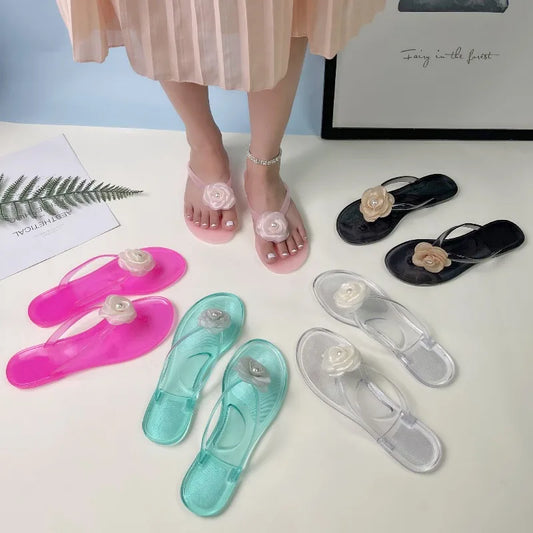Summer Jelly-colored Women Flip-flop Sandals Women PVC Flower Non-slip Flat Soft Sole Beach Vacation Shoes Lady Bathroom Slipper