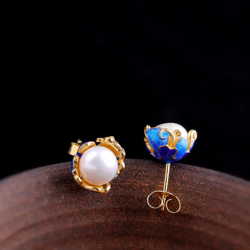 Uglyless Retro Enamel Flower Stud Earrings for Women Natural 10MM Pearl MINI Studs Solid 925 Silver Floral Brincos Jewelry E1434