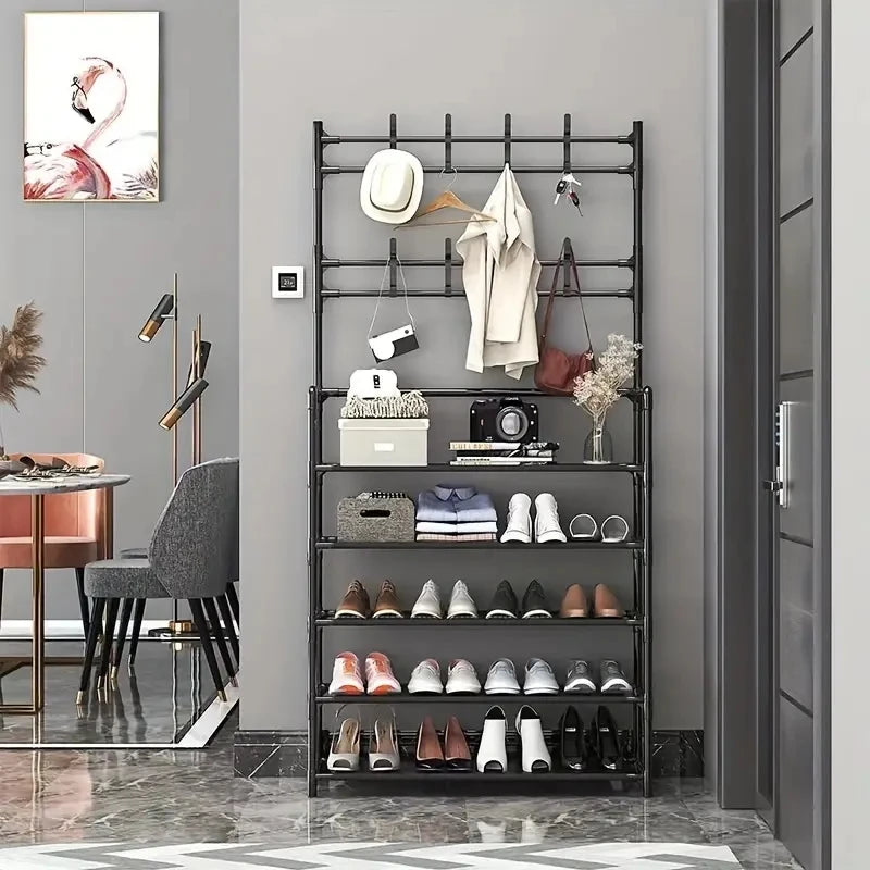 A clothes hanger and shoe rack at the entrance, used for storing shoes, clothes, jackets, hats, bags, umbrellas in the hallway