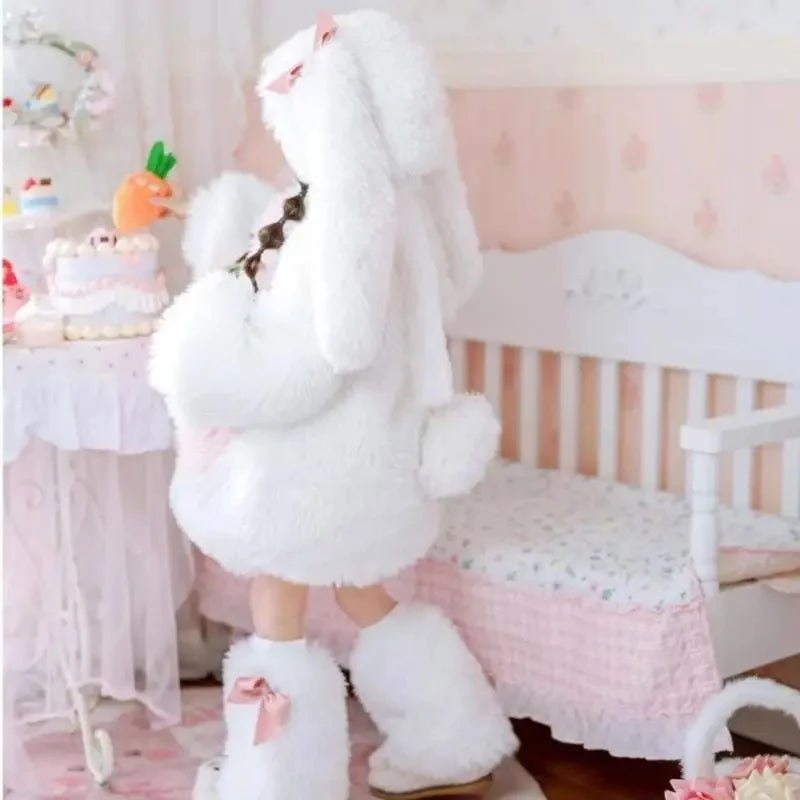 Cartoon Children Plush Rabbit Cosplay Costume Kawaii Kids Winter Warm Sets Top Pants Hat Suit Girl Halloween Party Outfits Gift