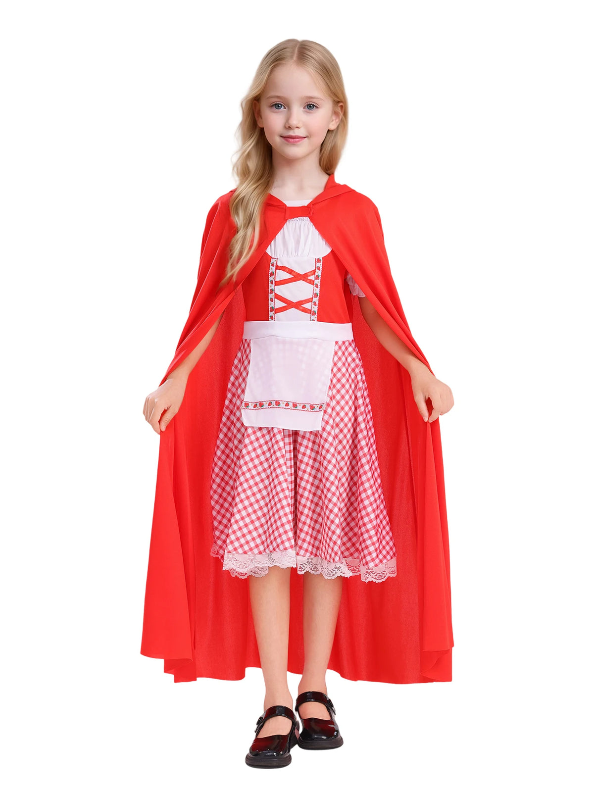 Kids Little Red Riding Hood Costume Girls Halloween Cosplay Outfit Red Hooded Cloak Plaid Lace Strawberry Dress Fairy Tale Fancy