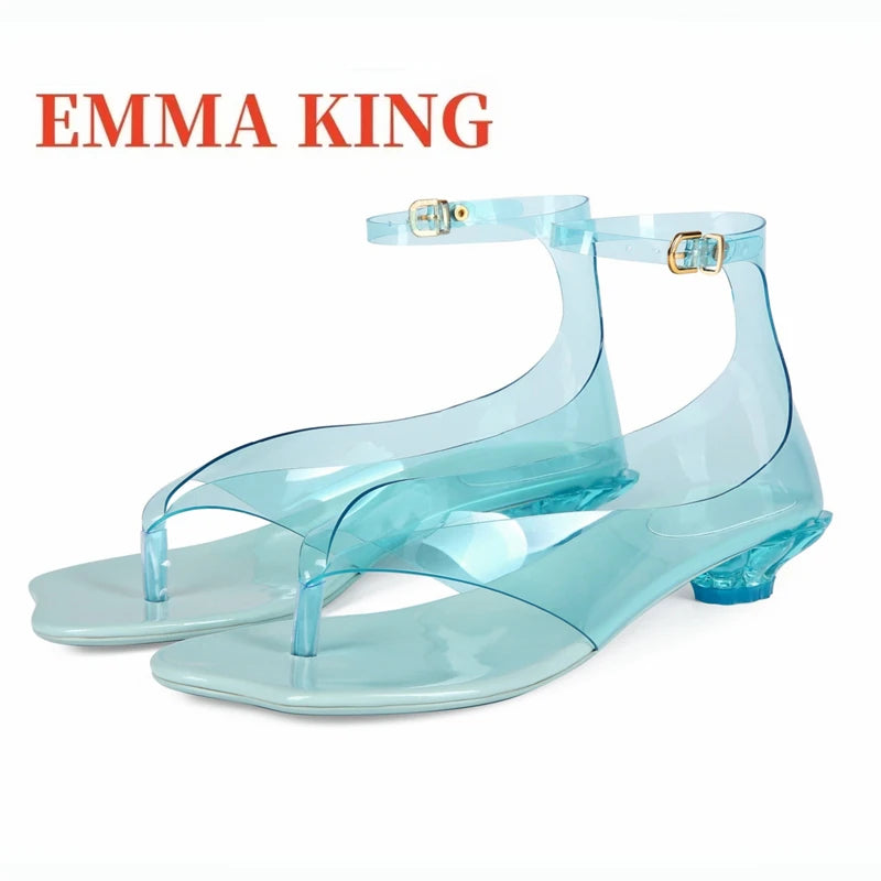 Women's Thong Jelly Sandals,2026 New Clear PVC Sandals ,Ankle Buckle Strap Low Heel Sandals,Summer Beach Casual Footwear,35-43