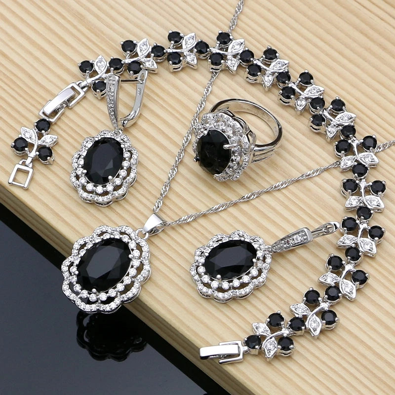 Women Silver 925 Costume Jewelry Sets Natural Black Stones Earrings Fashion Jewelry Gift for Her Party Bracelet Necklace Sets