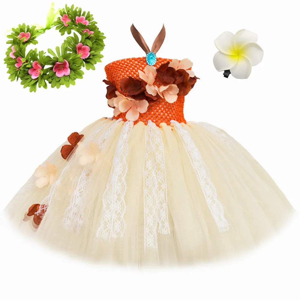 Princess Moana Dress Costume for Girls Halloween Dress Up Clothes Toddler Kids Theme Birthday Party Tulle Tutu Dresses Outfits