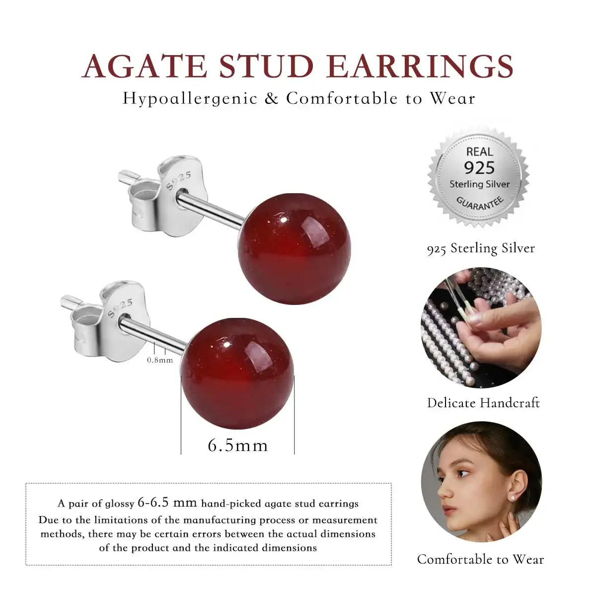 6mm Stone Beads Natural Stone Earrings Earring Stud 925 Sterling Silver Jewelry For Women Party Women's S925 Silver Earrings