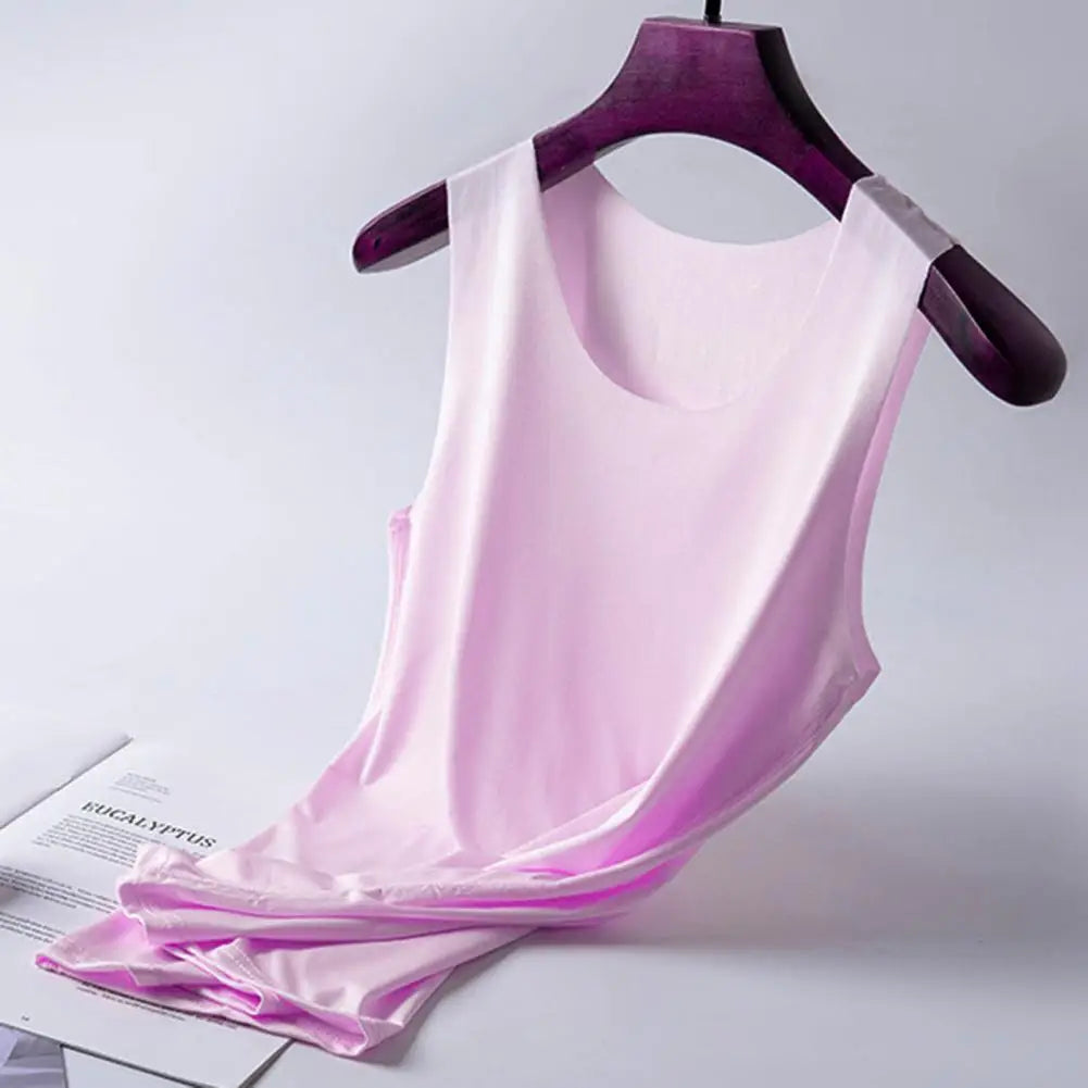Women Bottoming Vest Ice Silk Seamless Sleeveless Pure Color Plus Size Stretchy Round Neck Dry Dry Cooling Camisole Basic Top 80