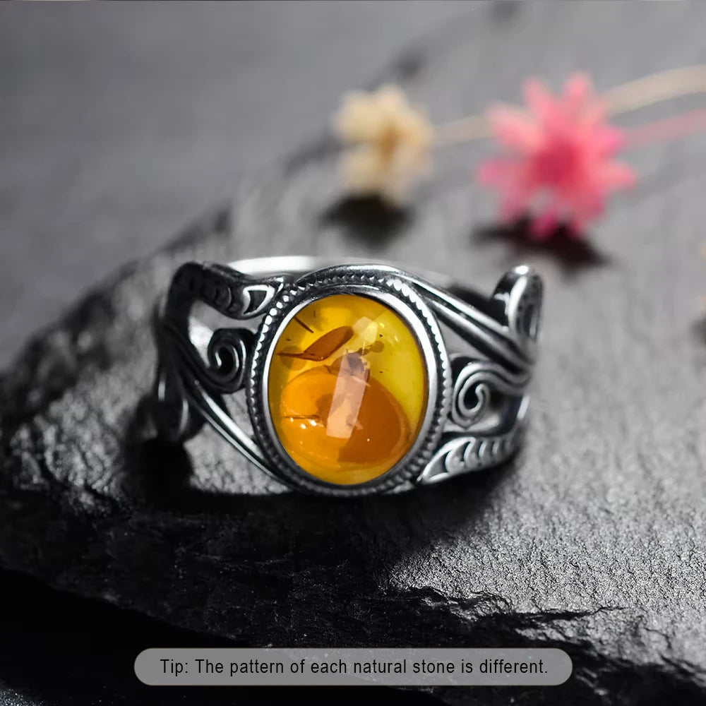 Certified Sterling Silver 925 Petal Amber Ring with Yellow Oval Natural Stone Ring Flower Jewelry Vintage Rings for Women Men