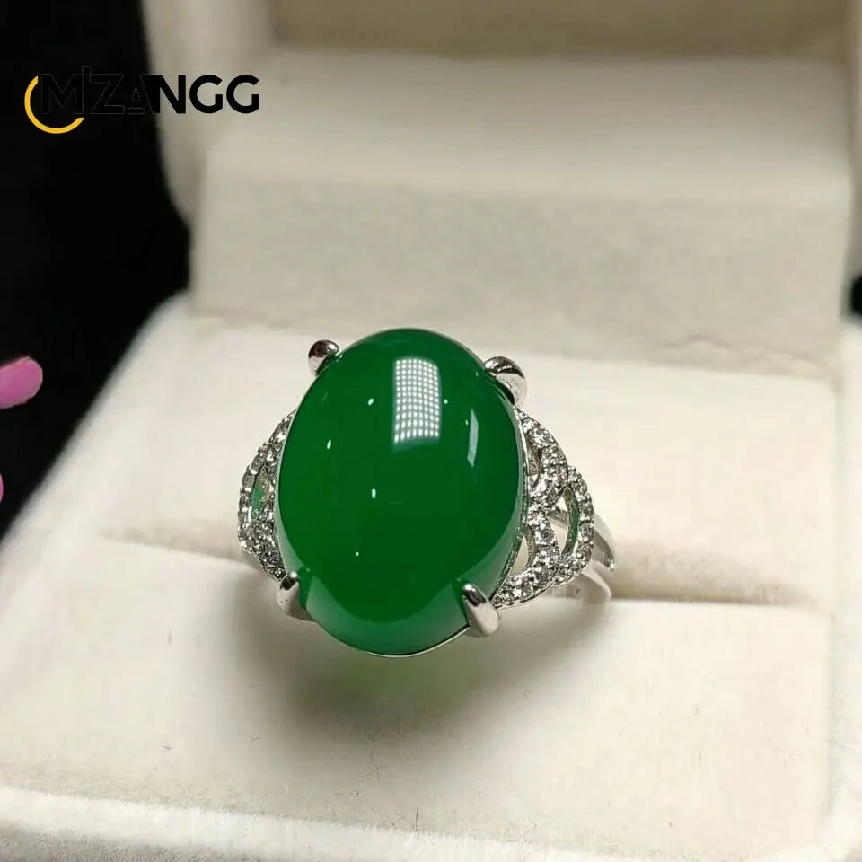 S925 Silver Inlaid Agate Ring Opening Adjustable Natural Green Chalcedony Hand-carved Ring Fashion Boutique Jewelry Women Ring