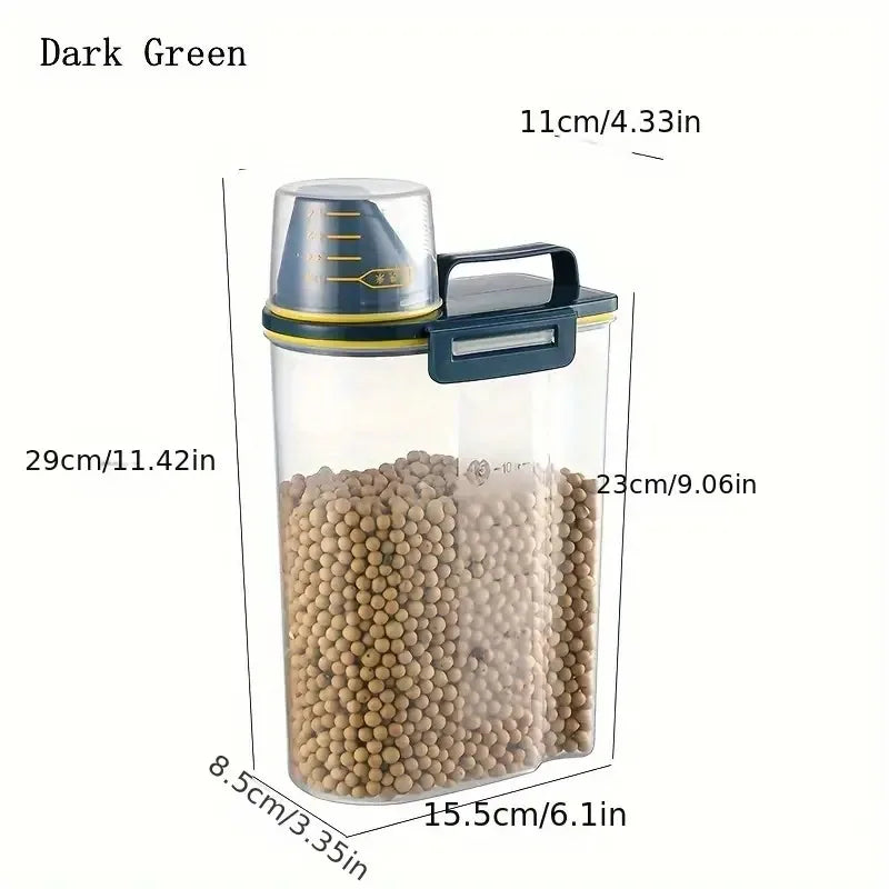 1pc Airtight Pet Food Storage Container, 1.5kg/2kg Plastic Sealed Jar with Measuring Cup for Dog Cat Dry Food Kibble