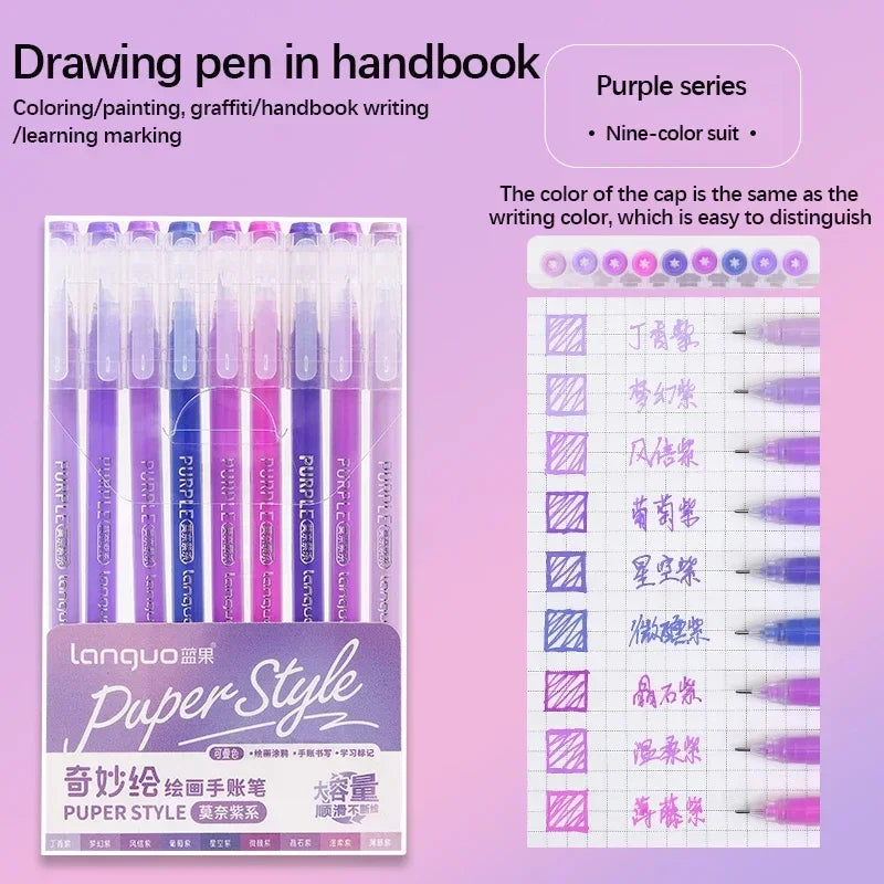 Languo Gel Pen Large Capacity Handbook Pens 6/9Pcs 0.6mm Student Art Diy Doodling Drawing Markers Office Kawaii Art Stationery