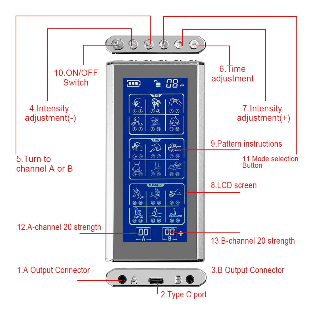 36 Modes Tens Unit Machine with 4 Electrode Pads for Pain Relief Pulse Massage EMS Muscle Stimulator Pain Relief Massage Relax