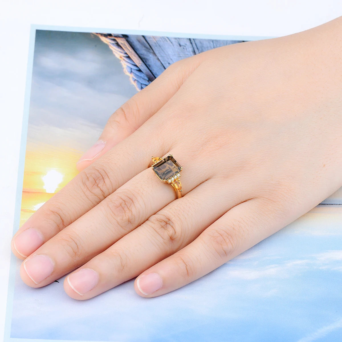 Natural Smoky Quarts Silver Yellow Gold Plated Rings 3.6 Carats Genuine Citrine Women's Classic Style S925 Fine Jewelry