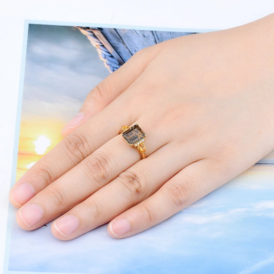 Natural Smoky Quarts Silver Yellow Gold Plated Rings 3.6 Carats Genuine Citrine Women's Classic Style S925 Fine Jewelry
