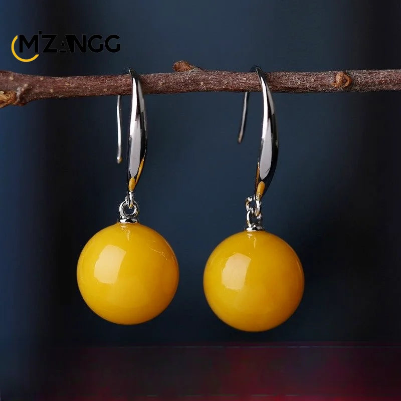 Natural Chicken Oil Yellow Beeswax Round Bead Earrings New S925 Silver Red Amber Eardrops Luxury Classic Women's Jewelry Mascots