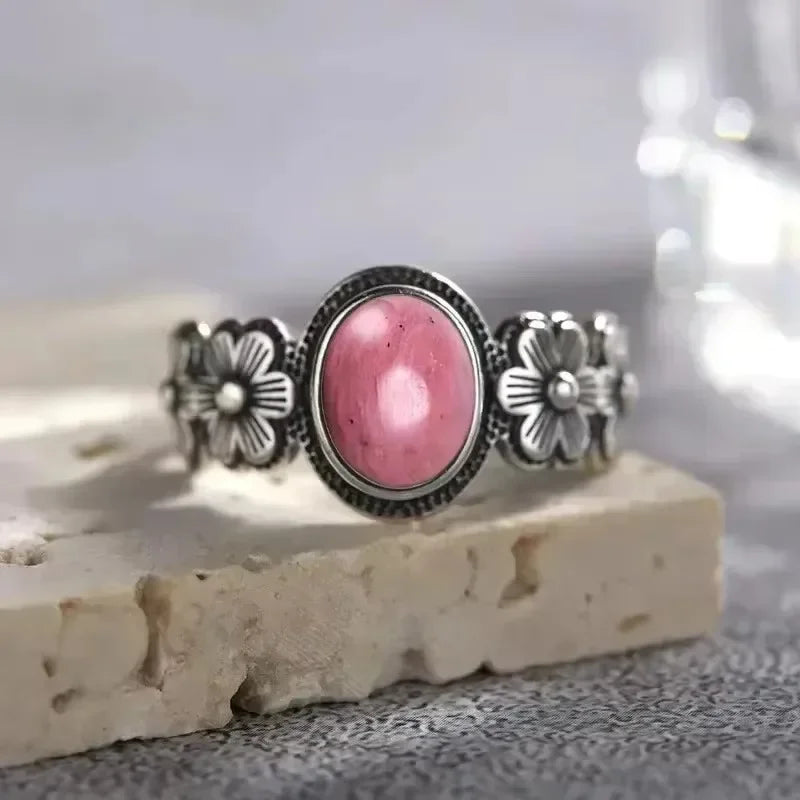 Vintage S925 Sterling Silver Rose Flower Ring With Oval 8*10mm Natural Moonstone Sweet Ring Fine Jewelry For Woman