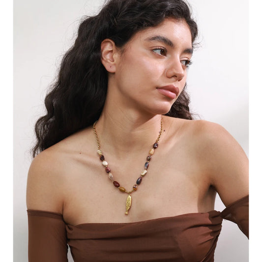 Yhpup Natural Stone Beads Chain Fish Pendant Necklace Ocean Series Stainless Steel Handmade Statement Jewelry Accessories